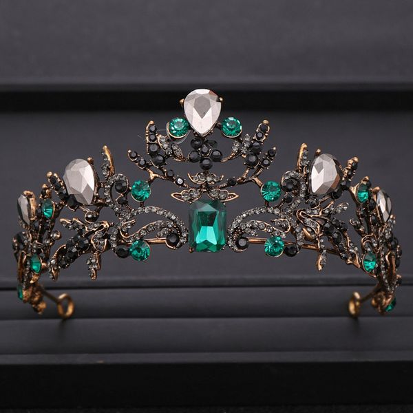 

vintage green crystal tiaras black rhinestone queen crown luxuriou baroque bridal wedding tiara pageant hair jewelry accessories, Slivery;golden
