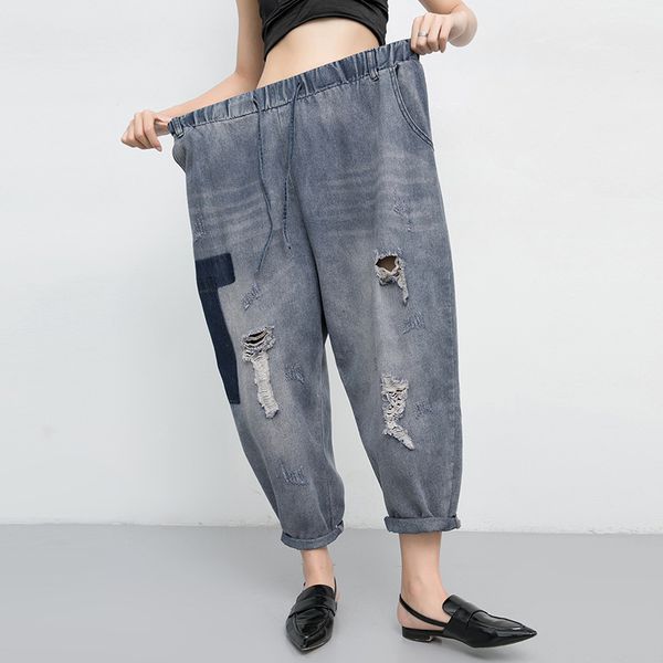 

2019 new summer styles thin fashion women clothes elastic washed denim vintage patchwork spliced broken pants a642, Blue