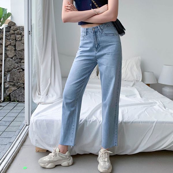 

women jeans casual straight high waist trousers pants for ladies grils ankle length, Blue