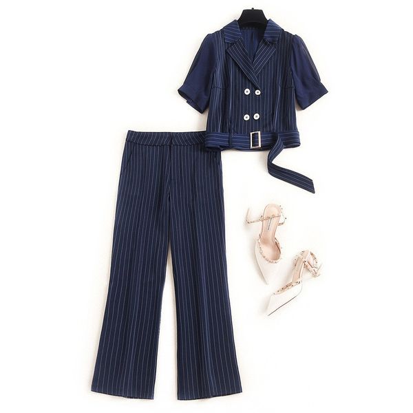 

elegant office lady 2 piece outfits summer set for women 2020 new fashion short sleeve striped blazer pants suit matching sets, White