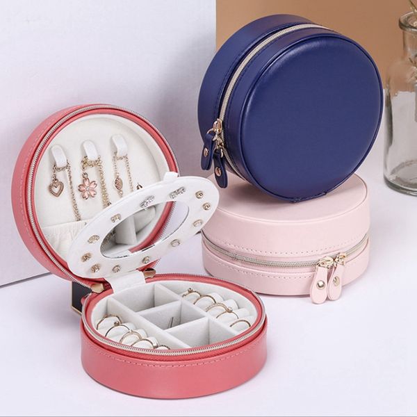 

portable round jewelry box travel zipper pu leather jewellery packaging gift box earring storage carrying case