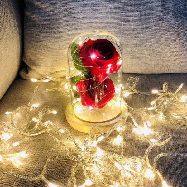 

2 heads artificial rose flower with led light string in glass dome on wooden base for wedding valentine's day gift dropshipping