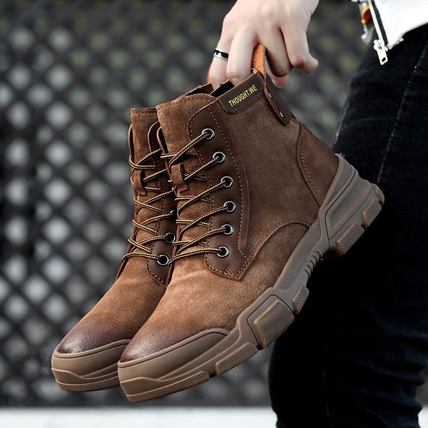 

2019 fashion brand leather boots men mid-men winter boots inside fur working good quality mens warm popular, Black