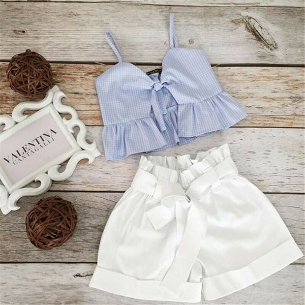 

us toddler kids baby girls clothes strap vest shorts summer outfit with bows, White