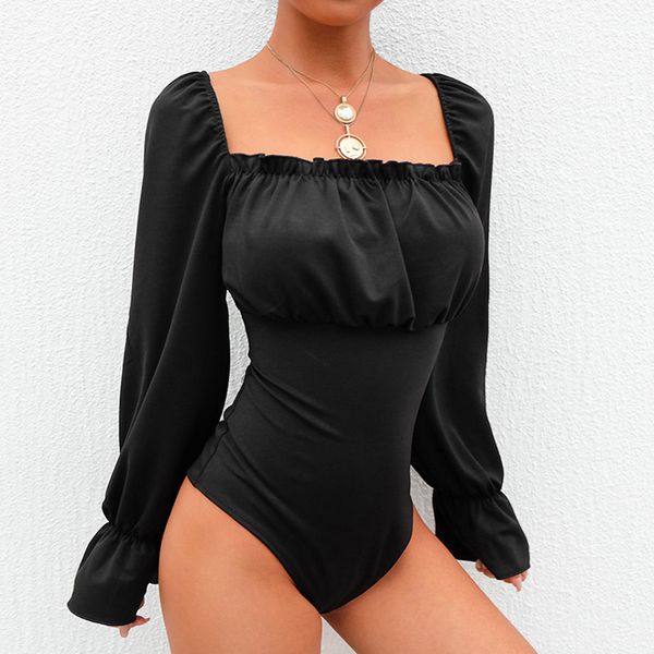 

youyedian jumpsuit fashion girl women long sleeve baddage bodysuit basic solid party squard neck new jumpsuit 2019 #f, Black;white