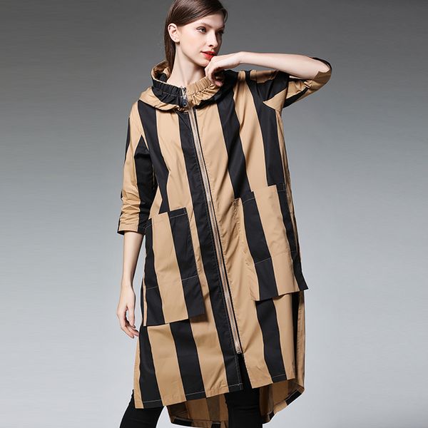 

trench coats plus size autumn outwear hooded women 2019 new woman trenches cotton striped coat outwears oversized female coats, Tan;black