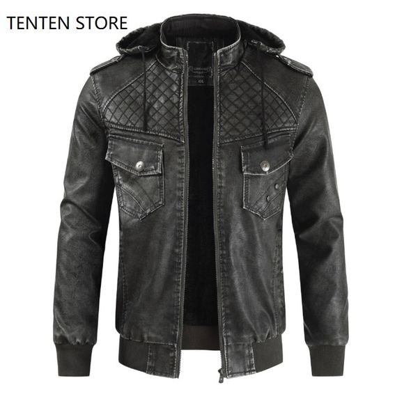 

winter faux leather fleece biker jacket with removable hood mens plus sizes thick long sleeve black jacket casual coats 3 colors