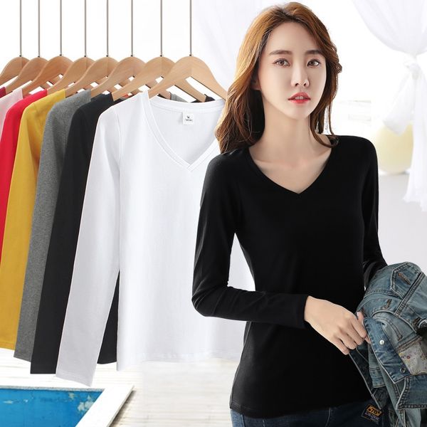 

cotton t- long-sleeved base women's slim inner v-neck shirt black v-neck long-sleeved t-shirt women's, White