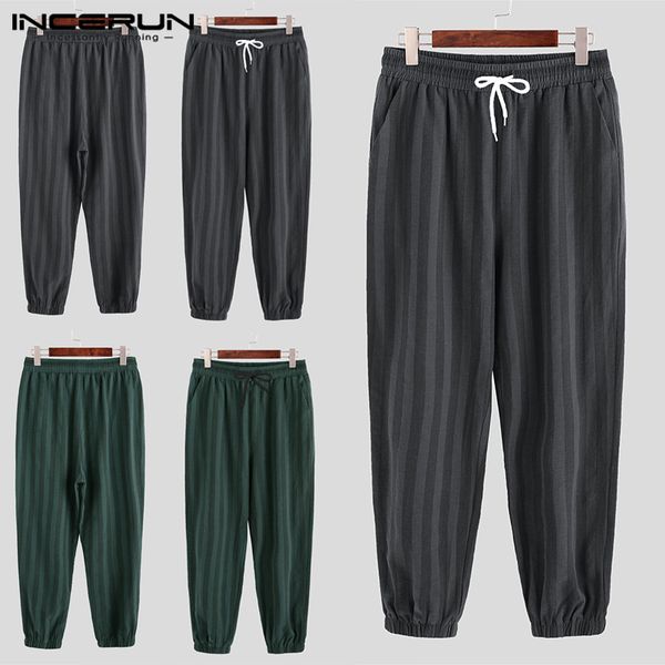

incerun cotton linen pants striped fashion elastic waist men trouser casual straight leg daily wild mens pencil pants pantalon, Black