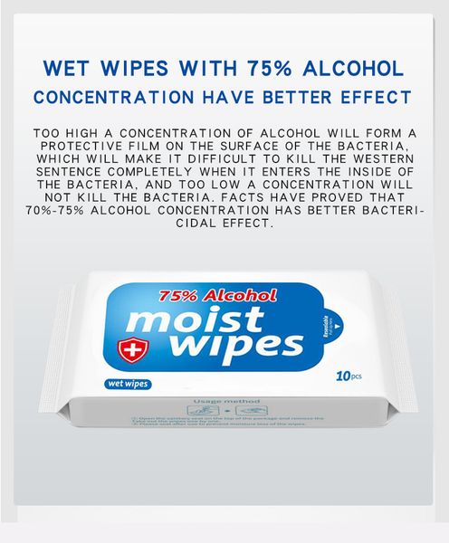 

75% alcohol wipes 200*150mm anti virus wet wipe portable disinfecting dipe 10pcs/pack antiseptic cleanser sterilization dhl ing