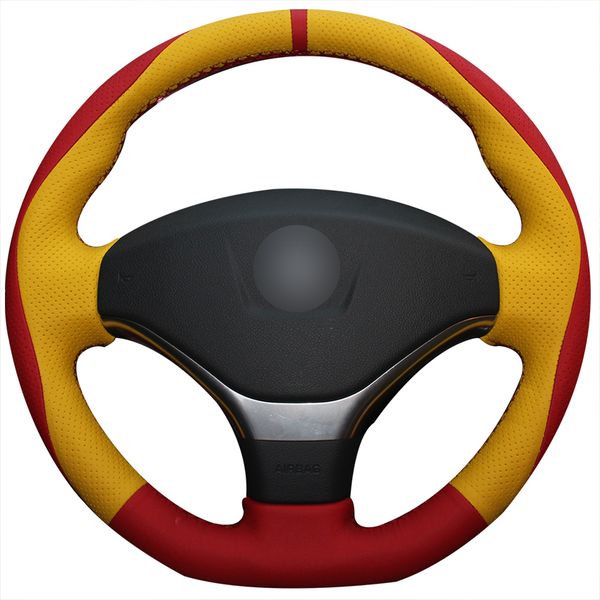 

red yellow genuine leather diy hand sewing steering wheel cover for peugeot 308 2012 2013