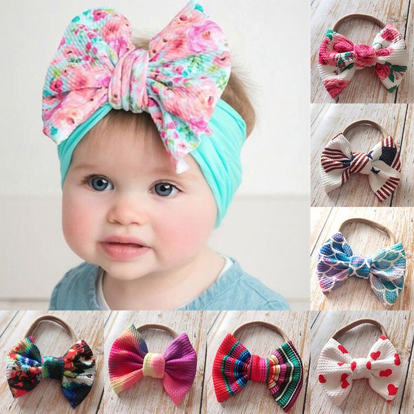 

newborn headband lace flower print hairband bohemian pattern big hair bow toddler stretch headwear infant wedding hair accessory, Slivery;white