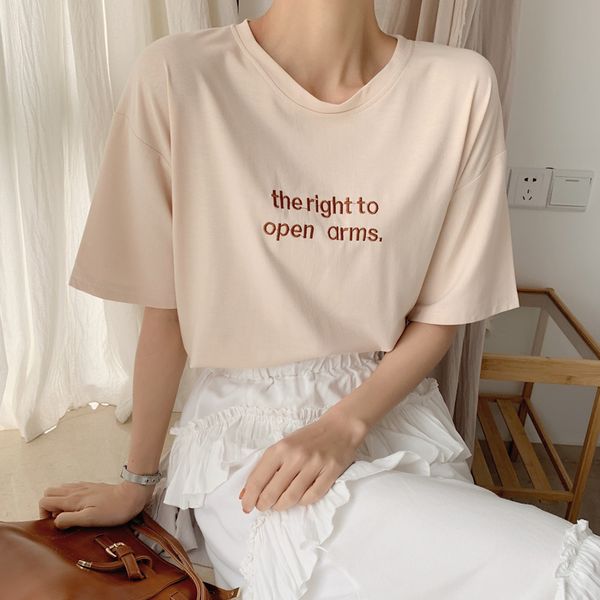 

nijiuding 2019 new korean cute letters embroidery short sleeve t-shirt women casual loose summer tee shirt harajuku girls, White