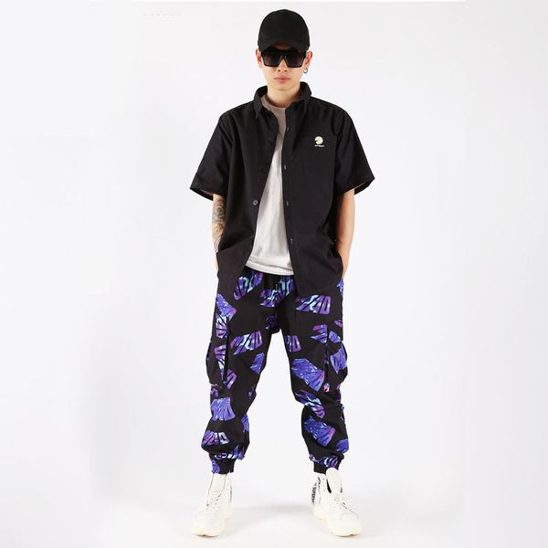 

men's casual shirts men 2 pieces suits sets short sleeve shirt pant streetwear hip hop loose cargo sweatpants can customizable, White;black