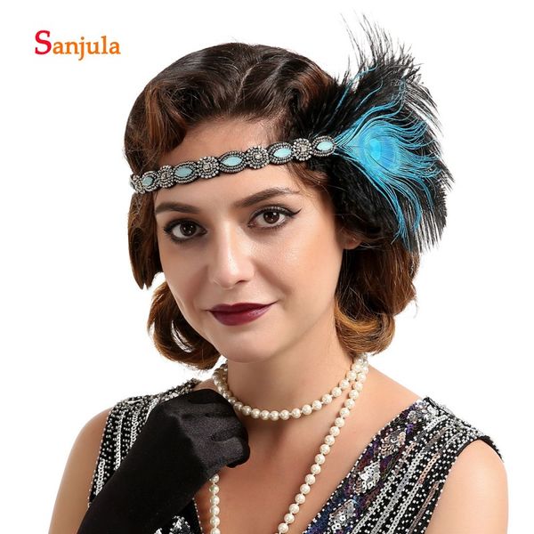 

crystals blue feathers masquerade headwear vintage women performance prom party headpiece bridal wedding headband bq004
