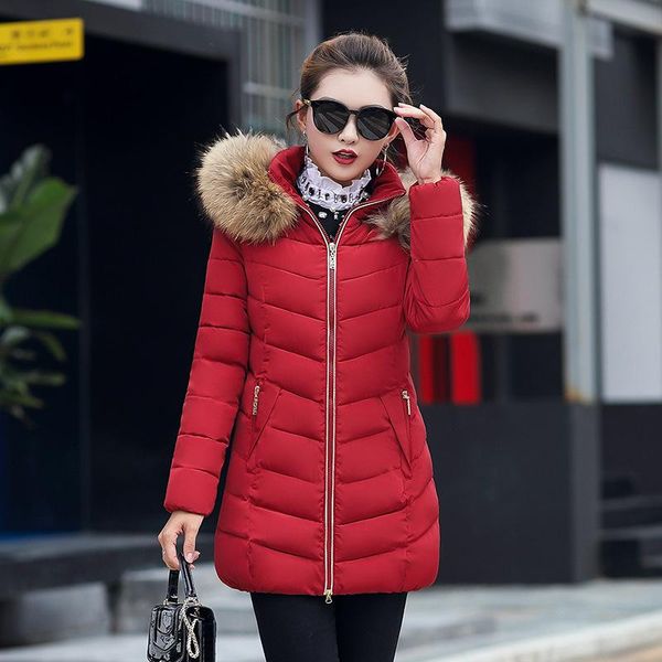 

women winter down coats warm thick jacket slim cotton-padded faux fur collar hooded parka coat lady plus size outerwear clothing wholesale, Black