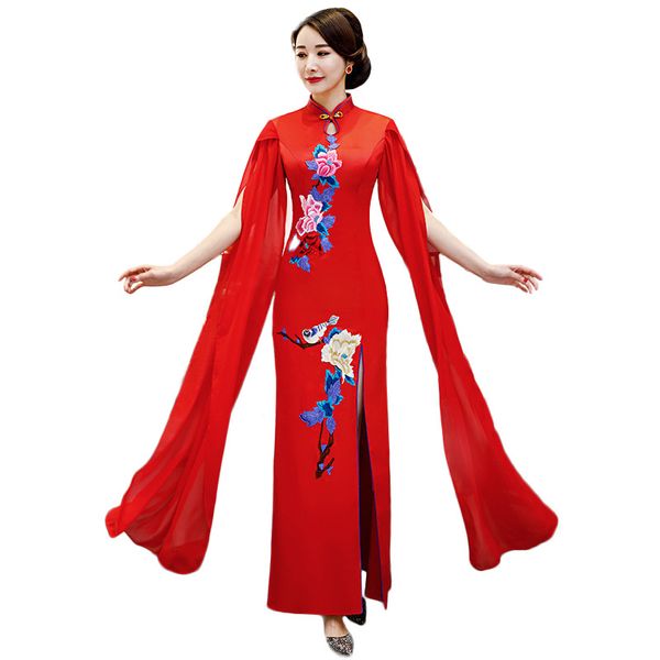 

embroidery floral elegant stage show handmade button silm qipao chinese traditional women dress vintage lady cheongsam, Red