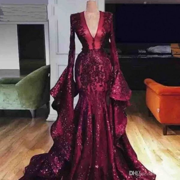 

shiny deep v neck evening dresses full sleeves sequined lace appliques mermaid prom dress long customized robe de soiree, Black;red