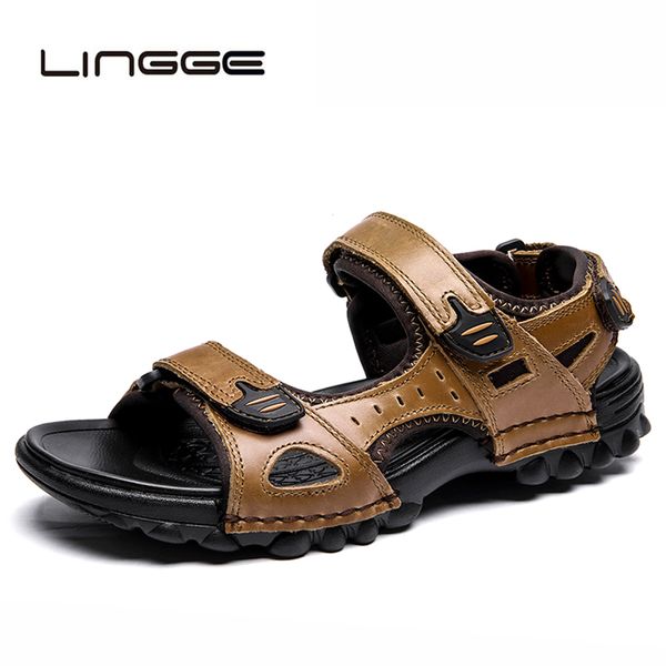 

lingge big size genuine leather men sandals summer men shoes beach sandals for man fashion brand outdoor casual sneakers 38-48, Black