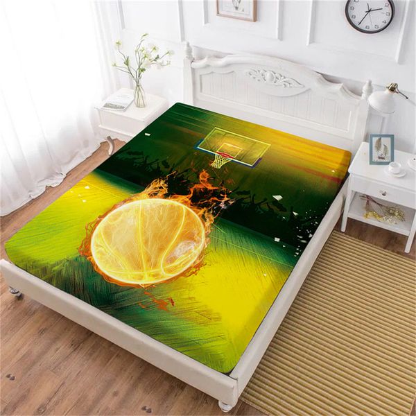 

3d fire basketball bed sheet yellow green sports design fitted sheet polyester bedclothes teens bedding deep pocket