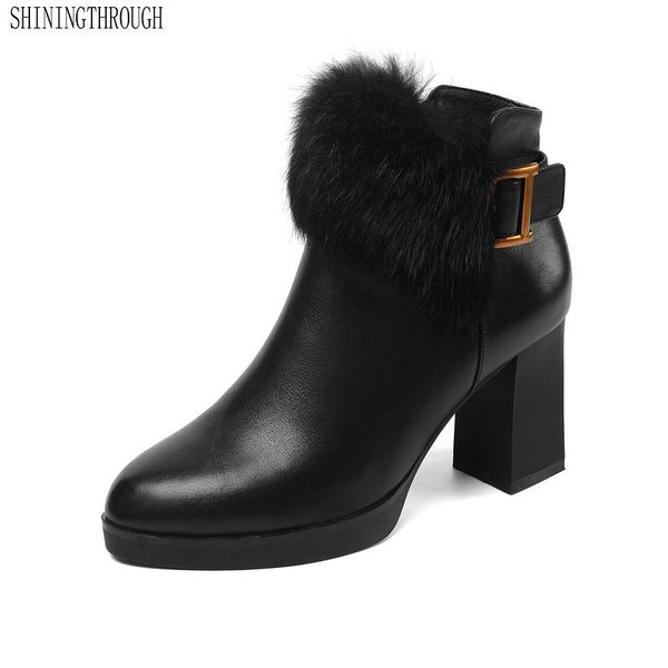 

new high heels women ankle boots winter warm boots genuine leather party office shoes woman large size 41 42, Black