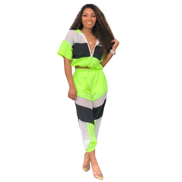 

women casual 2 piece sport outfits short sleeve color block pullover hoodie sweatpants set jumpsuits fashion tracksuits, White