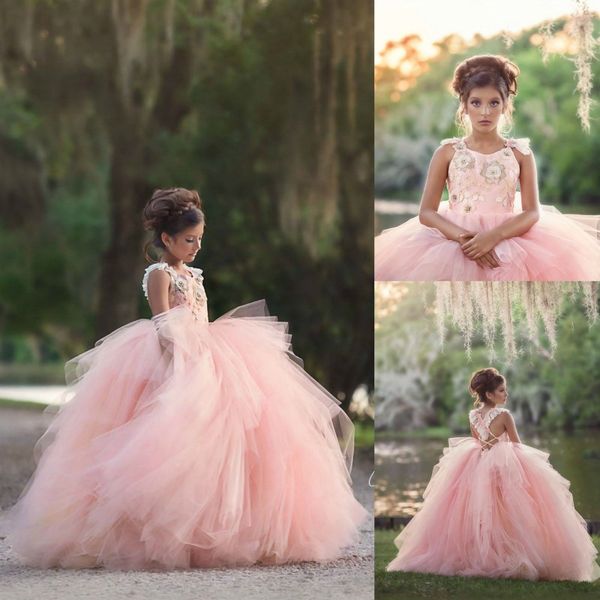 

princess tiered blush pink flower girl dresses for wedding floral appliqued pearls birthday first communion dress tulle girls pageant gowns, White;blue