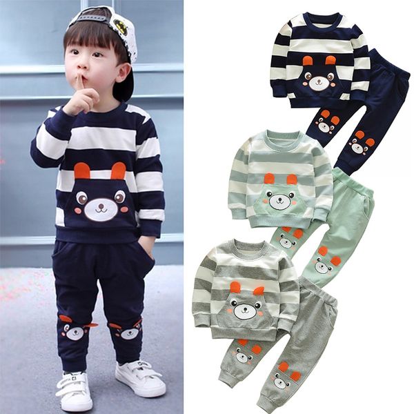 

baby boy clothes cartoon cute bear stripe printed cotton two-piece suit new boy clothing casual baby suit 0-5 years old clothes, White