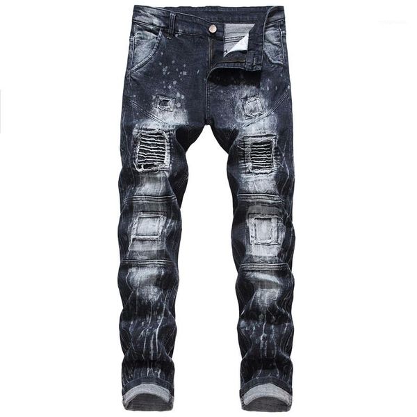 

casual natural color loose straight jeans mens clothes mens stretch jeans fashion hole panelled mid waist jeans, Blue