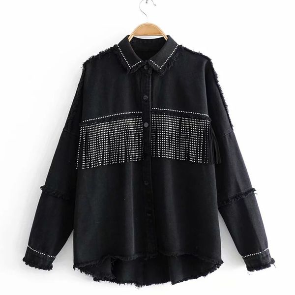 

2020 new sequined tassels women black loose denim jackets for girls jacket coat streetwear covered button outerwear, Black;brown