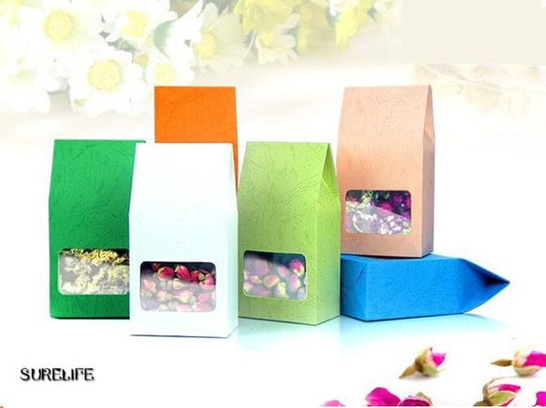 

50pcs/lot tea packaging cardboard kraft paper bag,clear window box for cake cookie food storage standing up paper packing bag t190711