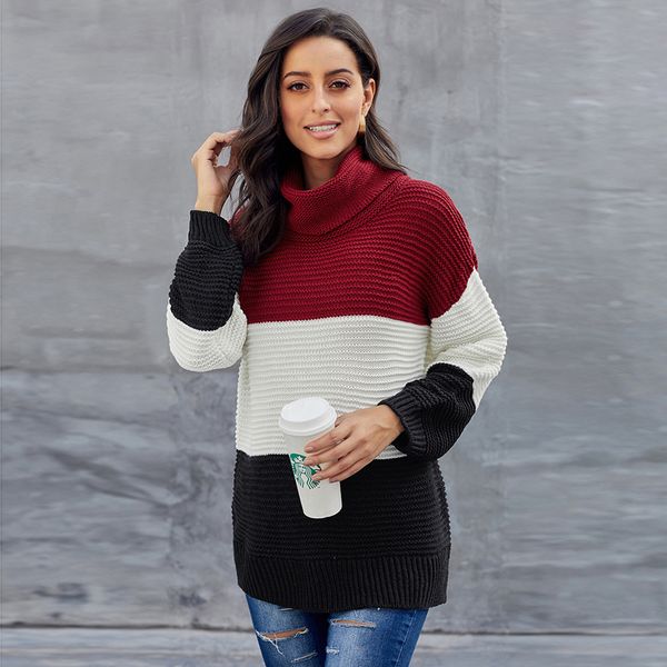 

ins зима новый европейский и американский стиль черепаха-образный вырез с длинными рукавами top color-blocking женщинами сыпучего-fit вязать, White;black