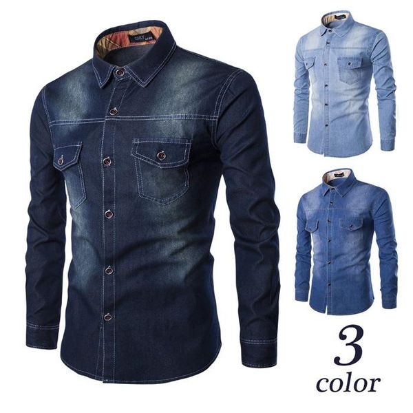 

мода европейский американский стиль рубашки мужчины большой размер mens denim shirt грудь двойной карманный дизайнерские тонкий с длинным ру, White;black