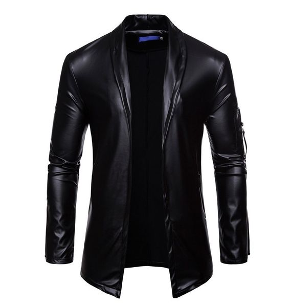 

autumn men elastic pu leather zipper locomotive leather coat slim fit fold-down collar l handsome leather suit, Black