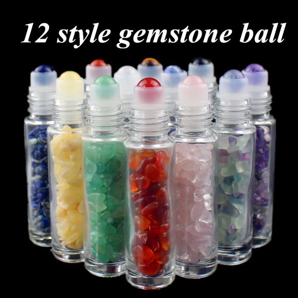 

12 pcs natural gemstone essential oil roller ball bottles clear perfumes oil liquids roll on bottles with crystal chips 10ml