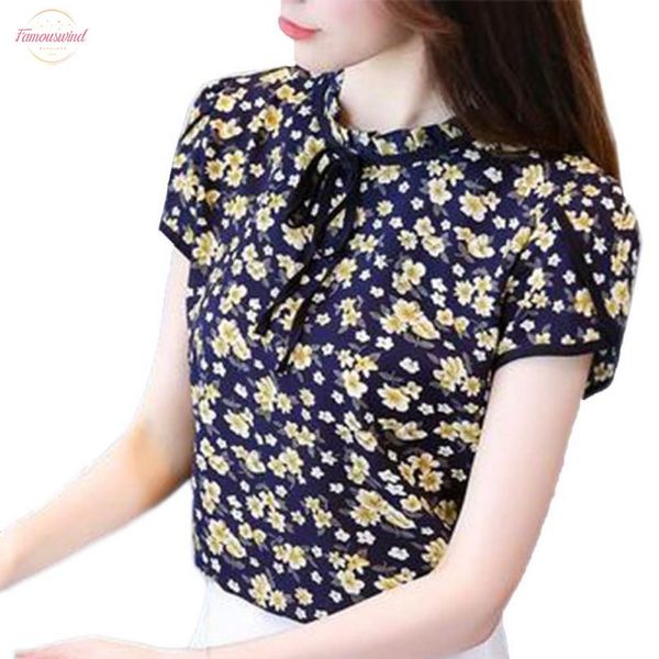 

floral print women chiffon blouse ruffle collar bow neck shirt petal short sleeve summer chiffon femininas blusas plus size, White