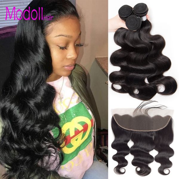 

brazilian body wave 3/4 bundles with frontal brazilian virgin human hair weave bundles 13x4 lace frontal with bundles part, Black;brown