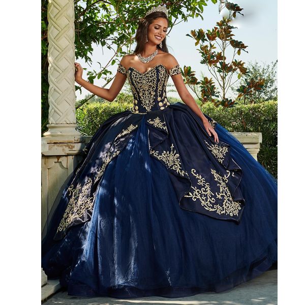 

amazing navy blue quinceanera prom dresses gold embroidery appliques off the shoulder sweet 16 dress ball gown tulle girls pageant dress, Blue;red