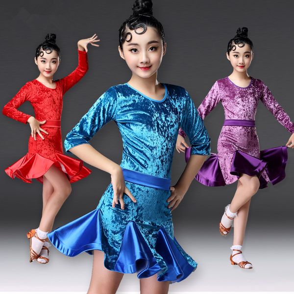 

2019 rumba samba children samba cha cha tango skirt standard salsa girls spandex latin dresses for dancing ballroom dance dress, Black;red