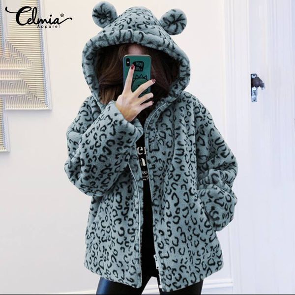 

plus size women leopard print hoodies plush coats celmia 2019 winter warm teddy bear ears warm jackets thick zip hooded outwear, Black