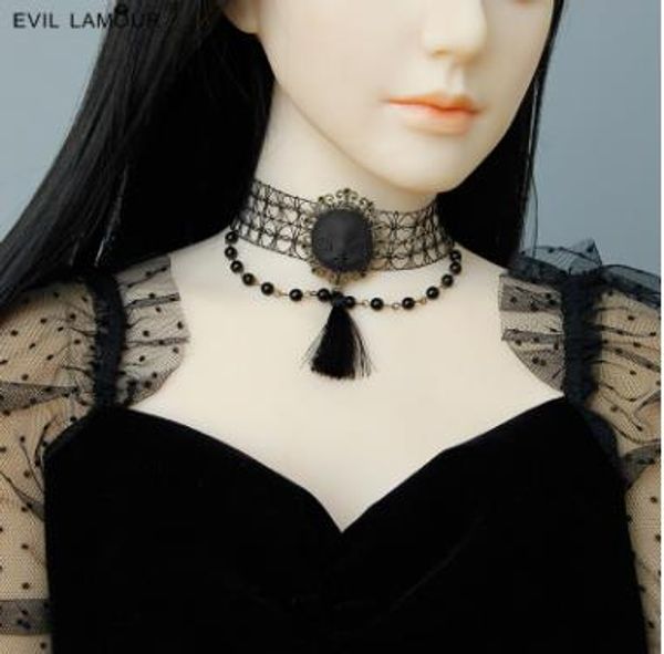 

princess sweet lolita necklace gothic wind witch weird head halloween necklace artificial pearl tassel women jl-17-1, Golden;silver
