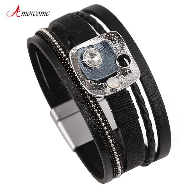 

amorcome black multilayer leather bracelet for women rhinestone enamel magnet wrap wristband charm bracelets & bangles jewelry, Golden;silver