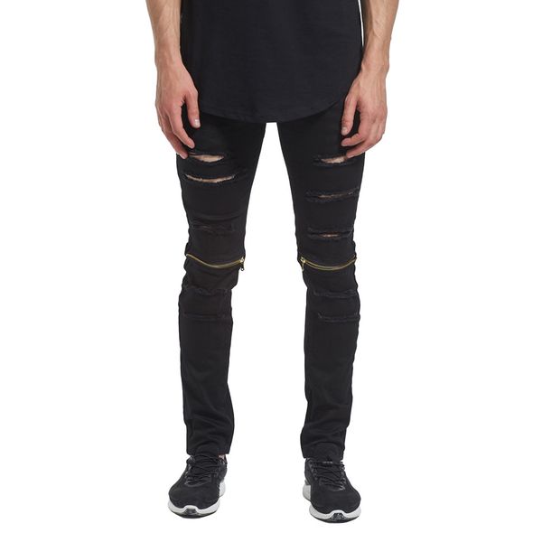 

dropshipping suppliers usa men jeans stretch destroyed ripped folds design fashion ankle zipper skinny biker jeans jogger, Blue