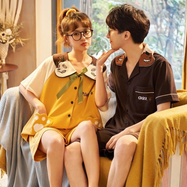 

couple home clothes women's pajamas pajamas cotton thin cartoon short-sleeved men's casual all-cotton two-piece suit, Blue;red