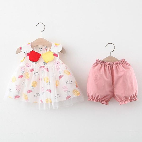 

summer girls princess clothes set printed fruit blouse+shorts pants 2pcs infants kids children baby sweet outfits s10875, White