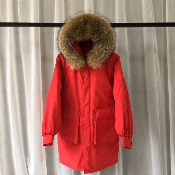 

big natural raccoon fur new winter jacket coat women female windproof warm long down parka thick white duck down jacket, Black