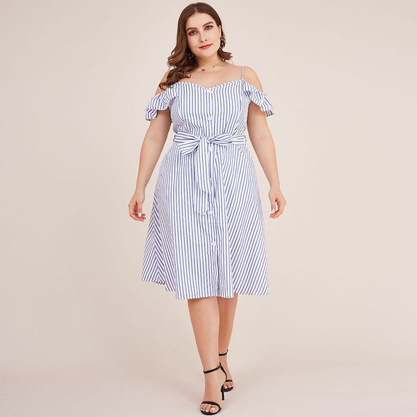 

new plus size women clothing l-3xl striped strap bow button shirt dress fashion slim waist short sleeve for fat women summer clothes, Black;gray
