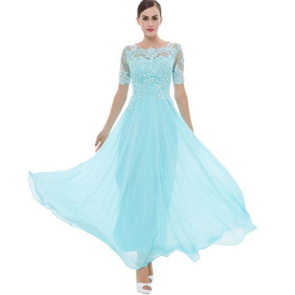 

dressv elegant sky blue a-line long evening dress scoop neck beading short sleeves lace formal party prom dress evening, White;black