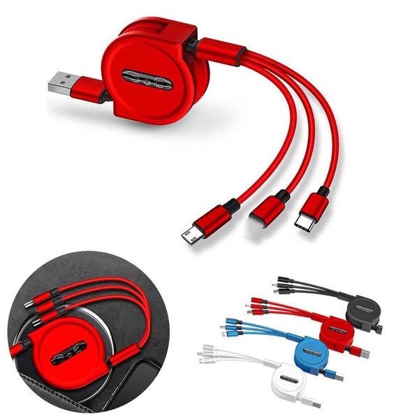 

Micro USB Type-C 3 In 1 Retractable Cable Charging Cables Code Flat 1M 3ft Charge Line For Huawei Samsung Cell Phone Charging Cable