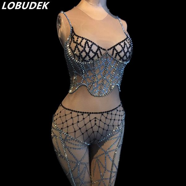 

black crystals silver rivet sleeveless jumpsuit big stretch leotard rhinestones jumpsuits women nightclub dj ds costumes, Black;white